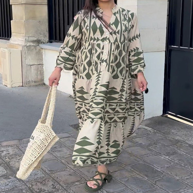 Robe chemise longue décontractée style bohème à imprimé géométrique et col en V pour femme