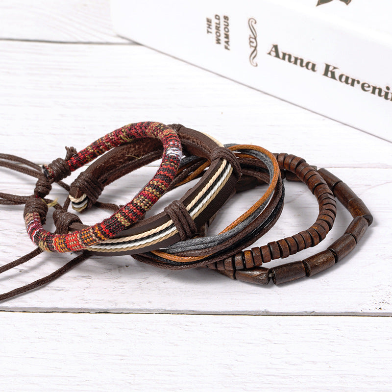 Vintage Woven Wooden Beads Wax Rope Bracelet - Unisex Retro Style
