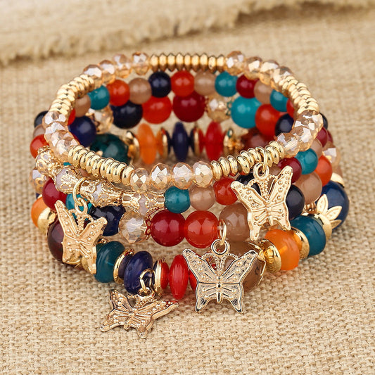 Bohemian Multi-Layer Beaded Butterfly Pendant Bracelet