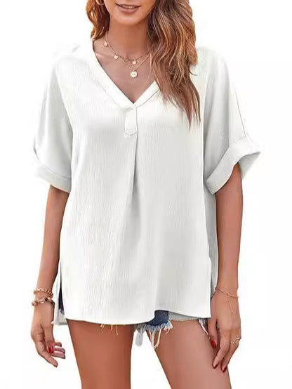 Blusa holgada informal de manga corta con cuello en V y color liso para mujer