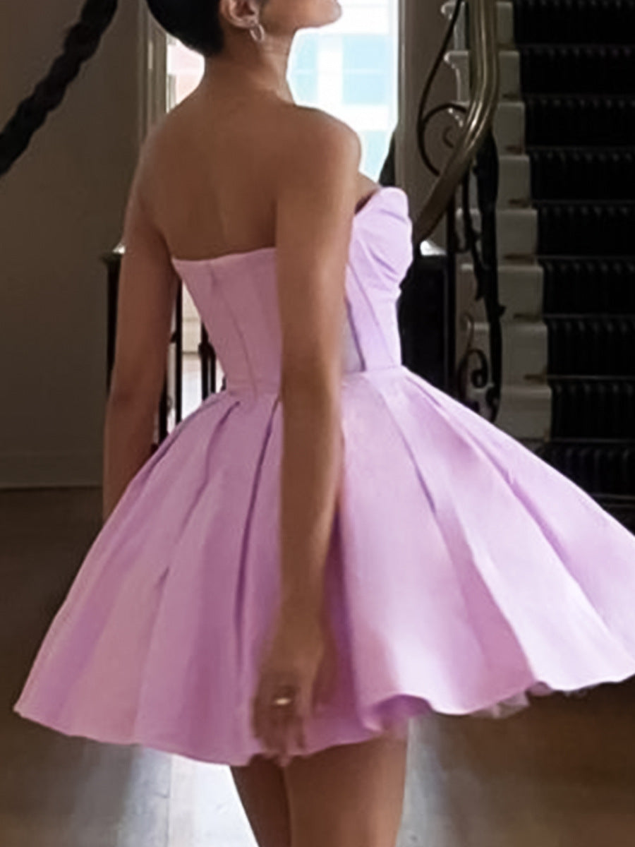 Vestido elegante de color liso sin tirantes y abullonado para mujer