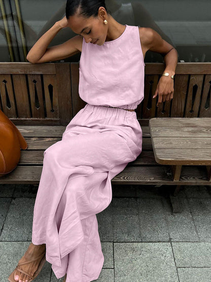 Women Sleeveless Casual Cotton Linen Two-Piece Set with Side Slits