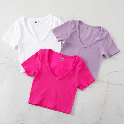 Camiseta de yoga informal de color liso con cuello en V para mujer
