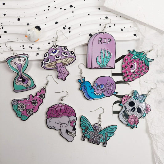 Pendientes acrílicos de Halloween para mujer con diseño de calavera de Diablo, fresa y lápida