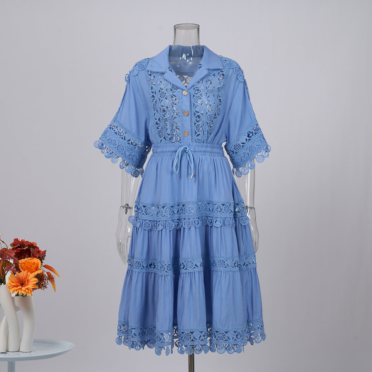 Vintage Palace Style Lapel Embroidered Lace Shirt Skirt Set