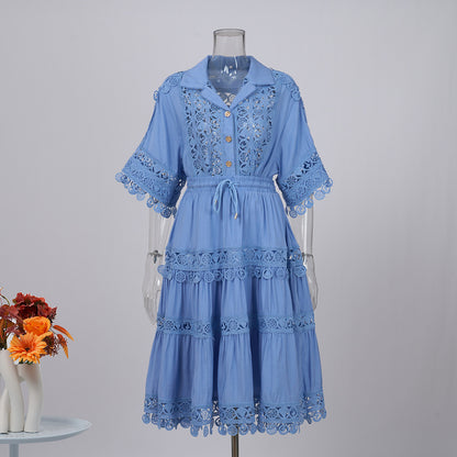 Vintage Palace Style Lapel Embroidered Lace Shirt Skirt Set