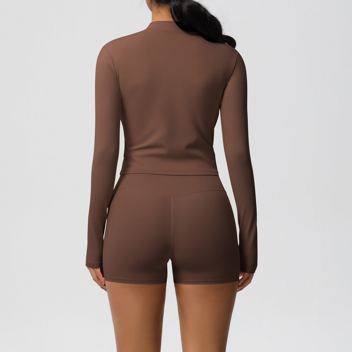 Ensemble haut à manches longues et short de yoga pour femme, couleur unie