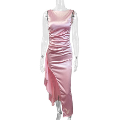 Women Fashion Sleeveless Irregular Split Dress in Solid Color