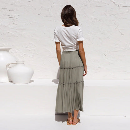 Women High Waist Cotton Linen Pleated Skirt