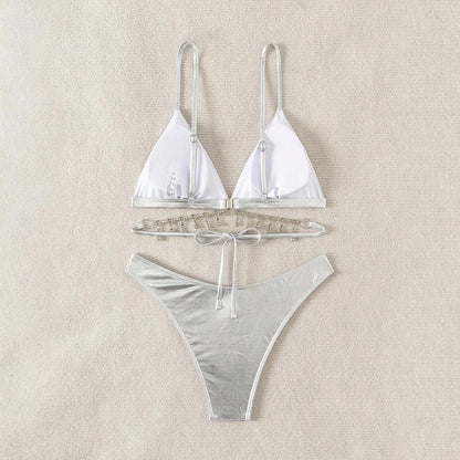 Bikini sexy de color sólido con borlas de diamantes de imitación para mujer