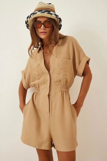 Casual Women's Short-Sleeved Cotton-Linen Overalls