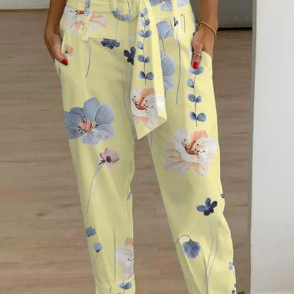 Pantalones casuales de lino con estampado floral de color liso de verano para mujer