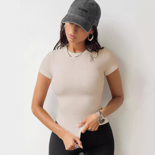 Camiseta sencilla de manga corta con cuello redondo, ajustada y entallada para mujer