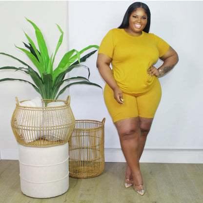 Women Casual Solid Color Two-Piece T-Shirt and Shorts Set