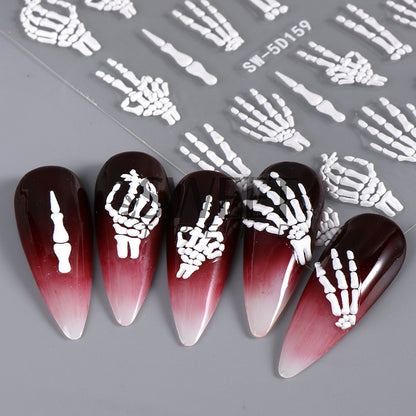 Autocollants pour ongles 5D en relief pour femmes, motif tête de mort, araignée, os, citrouille, Halloween