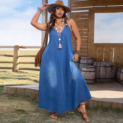Vestido vaquero sin mangas con escote en V profundo y talla grande a la moda para mujer