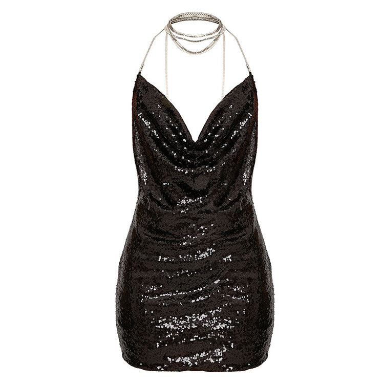 Vestido sexy de lentejuelas de color sólido a la moda para mujer