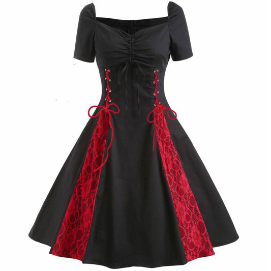 Vestido gótico de encaje oscuro con escote en V para mujer