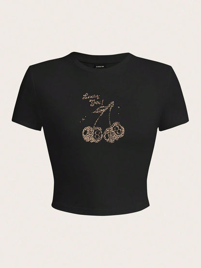 Women Fashion Sexy Cherry Print Short-Sleeve Slim-Fit T-Shirt