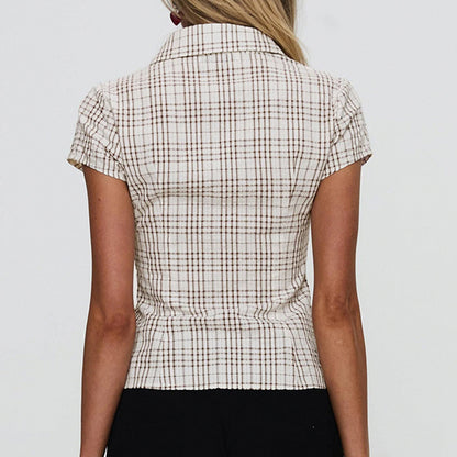 Blusa informal de manga corta con solapa y rayas para mujer