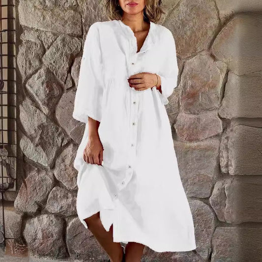 Summer Women Casual Solid Color Button Dress