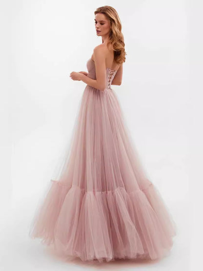 Vestido de fiesta elegante de malla con hombros descubiertos y manga larga para mujer en color liso
