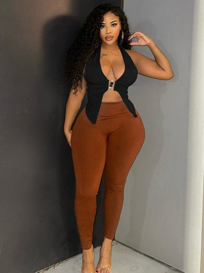 Women Fashion Sexy Solid Color Halter Neck Crop Top