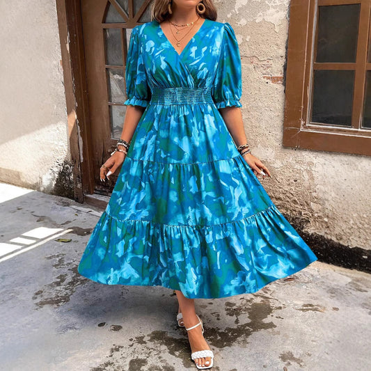 Elegant Plus Size Floral Print V-Neck Dress