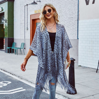Blusa de leopardo estilo verano para mujer, con borlas de cebra huecas, para playa