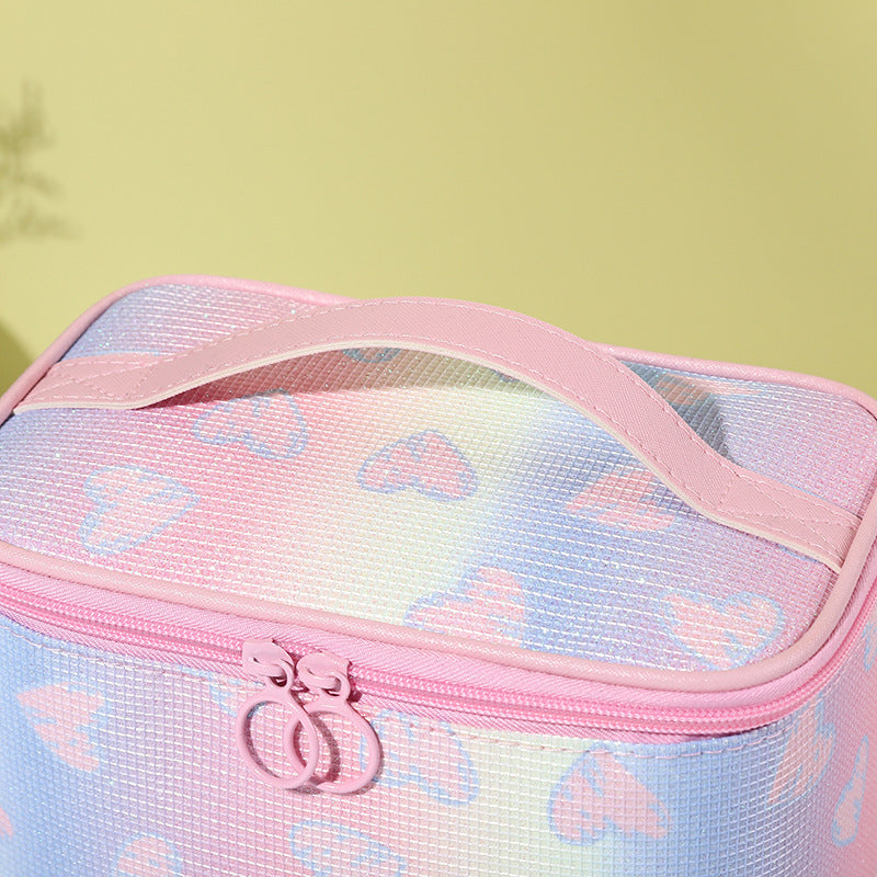 Bolsa de cosméticos con corazón arcoíris y degradado brillante