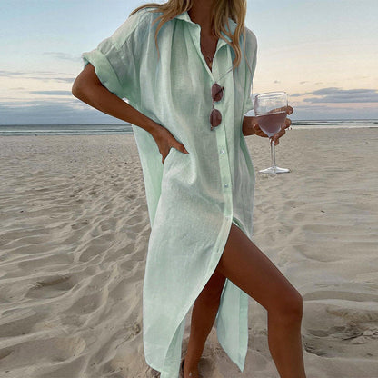 Robe longue décontractée en coton et lin de couleur unie pour femme