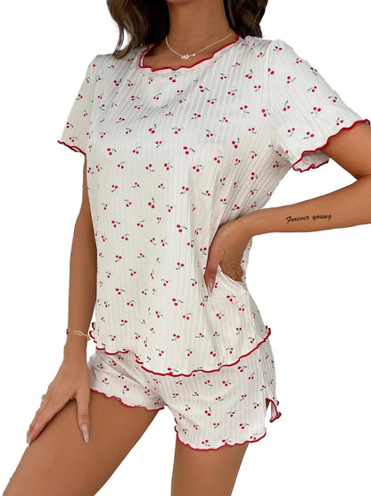 Women Fashion Casual Cherry Printed Short-Sleeve T-Shirt Loose Shorts Pajamas Two-Piece Set