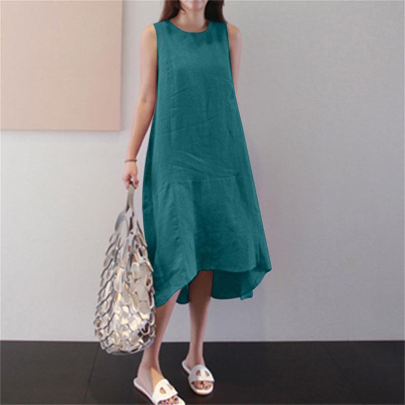 Robe décontractée sans manches en coton et lin de couleur unie pour femme