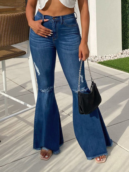 Women Retro Ripped Flared Jeans with Cotton and Polyester