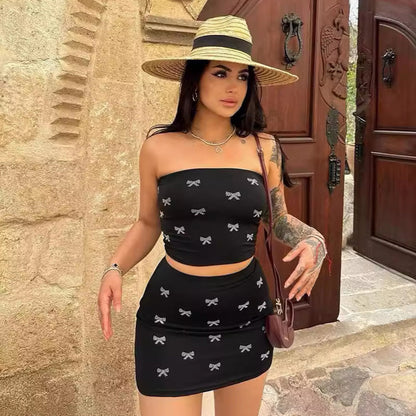 Ensemble deux pièces sexy à imprimé nœud papillon et jupe moulante pour femme