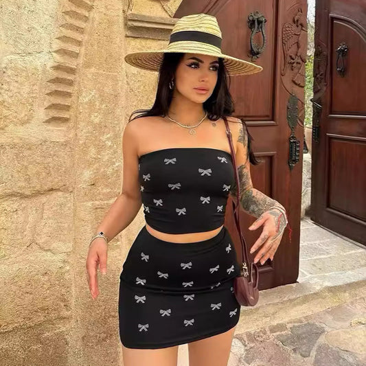 Women Fashion Sexy Bowknot Print Tube Top Tight Skirt Two-Piece Set