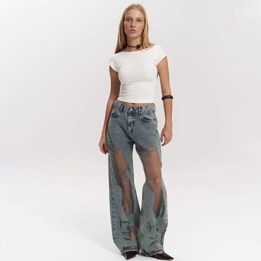 Women Fashion Creative Mesh Hollow Out Splicing Loose Wide Leg Jeans