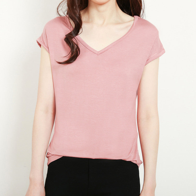 Camiseta informal de manga corta con cuello en V y color liso para mujer
