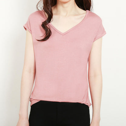 Camiseta informal de manga corta con cuello en V y color liso para mujer