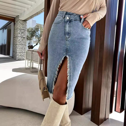 Falda vaquera dividida de moda para mujer, estilo casual de algodón y poliéster