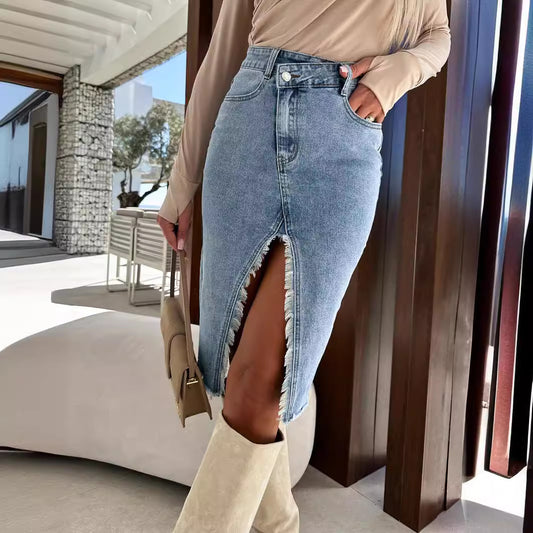 Falda vaquera dividida de moda para mujer, estilo casual de algodón y poliéster