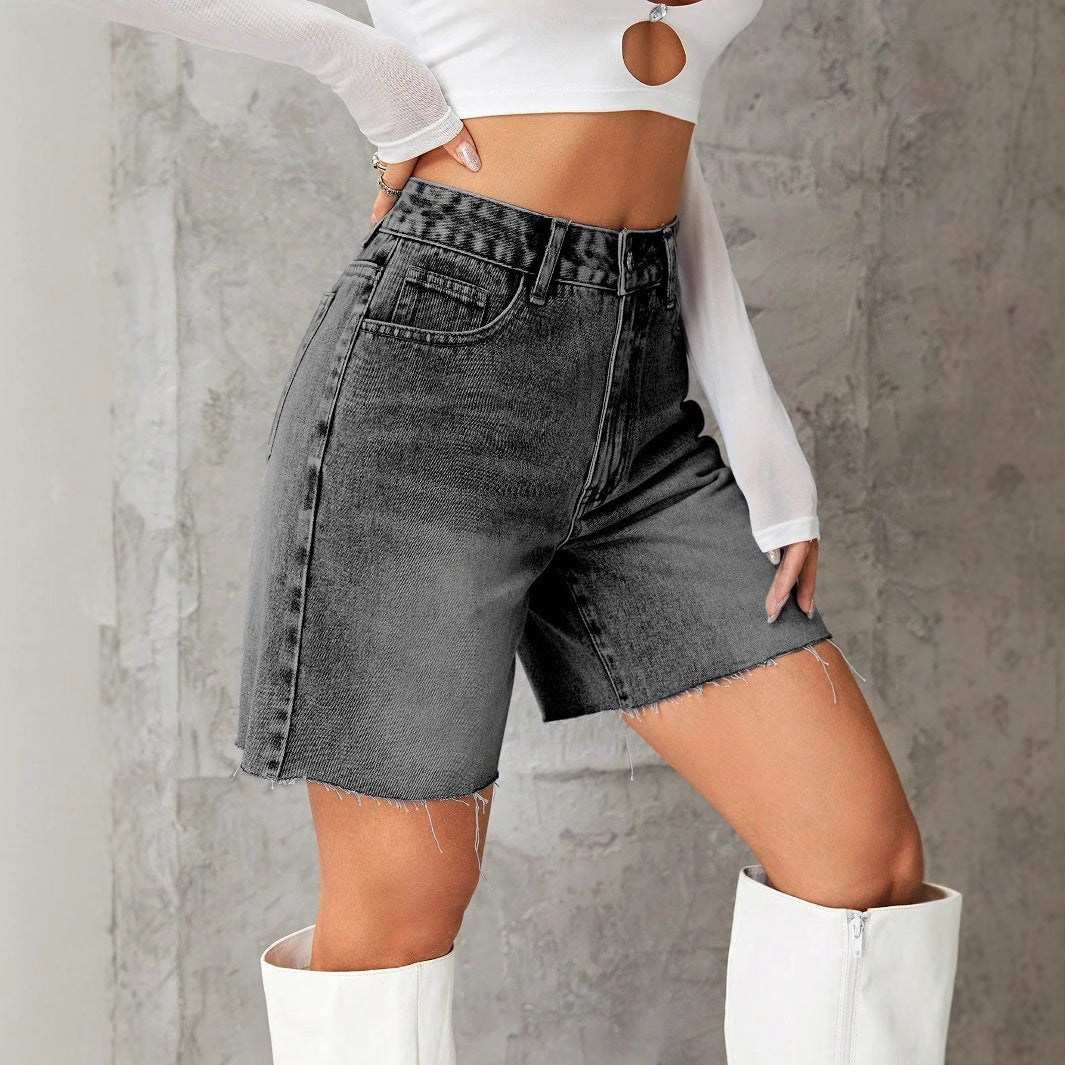 Pantalones cortos vaqueros de cintura alta informales de moda para mujer con algodón y poliéster