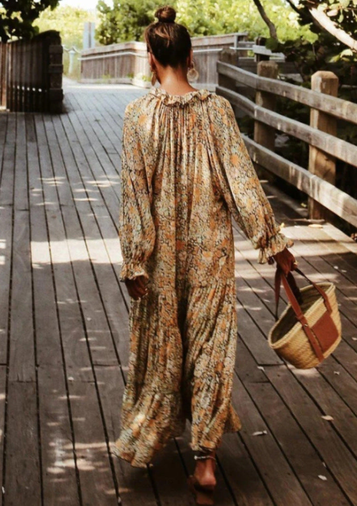 Vestido elegante bohemio con estampado de leopardo, hojas y cachemira floral vintage
