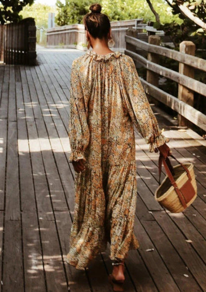 Vestido elegante bohemio con estampado de leopardo, hojas y cachemira floral vintage