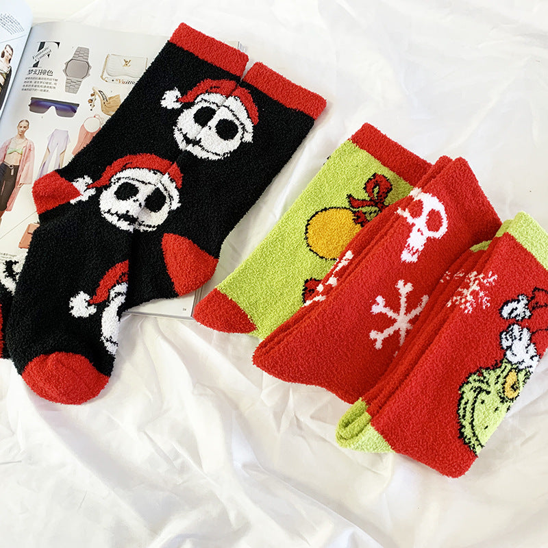 Calcetines de polar coral cálidos con dibujos animados de Halloween y Navidad con personalidad de moda