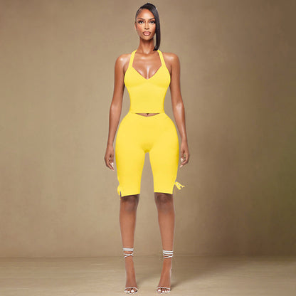 Women Solid Color Halter-Neck Backless Two-Piece Set with Bowknot Shorts