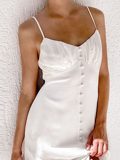 Vestido sexy de lino y algodón liso con tirantes finos y abertura para mujer