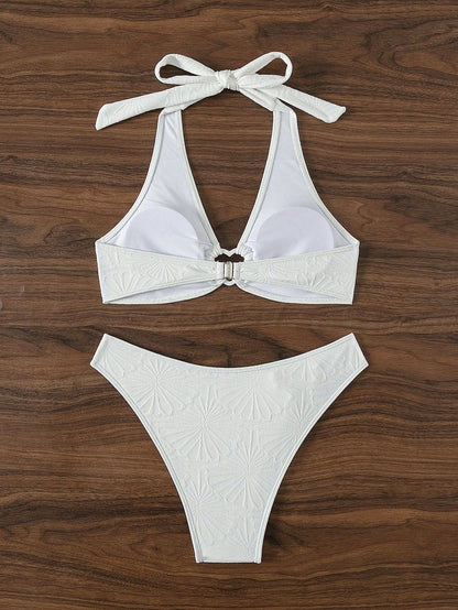 Bikini sexy de cuello halter de color sólido a la moda para mujer