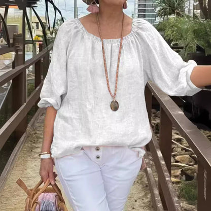 Top informal de lino y algodón con cuello redondo de color liso para mujer