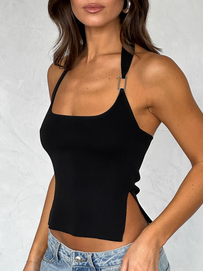 Women Fashion Sexy Solid Color Halter-Neck Top